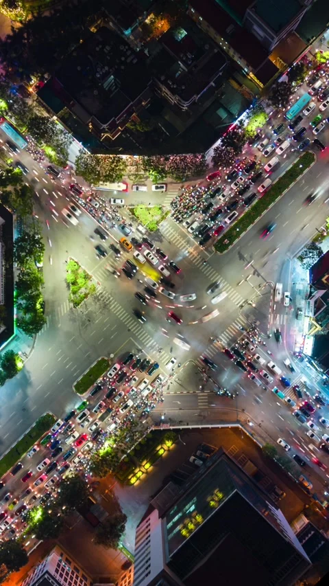 Aerial Timelapse of Evening Rush Hour Traffic at Intersection in Hanoi, Vietnam Stock Footage 280772857