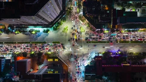 Aerial Timelapse of Evening Traffic at Intersection in Hanoi, Vietnam Stock Footage 275246965
