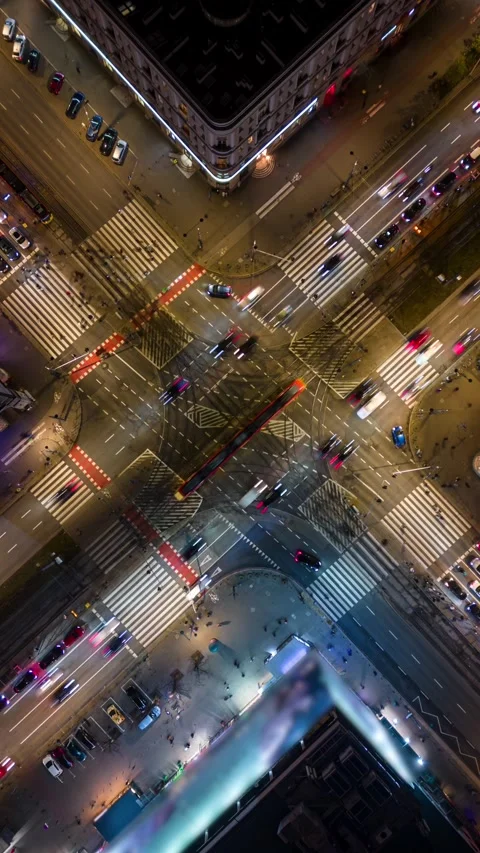 Aerial timelapse of evening traffic at intersection in Warsaw, Poland. Stock Footage 295511699