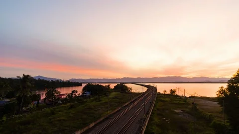 Aerial Timelapse of Floating Railway Over Lake Stock Footage 101385482