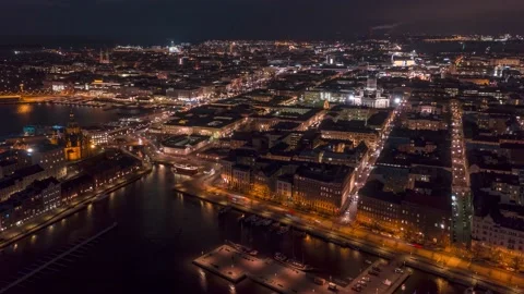 Aerial timelapse of Helsinki downtown area at night. Stock Footage