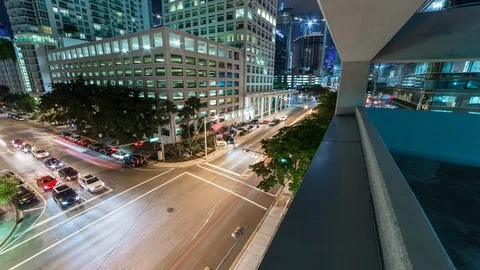 Aerial Timelapse hyperlapse in Miami Brickell with crossroad street traffic Stock Footage 100839678