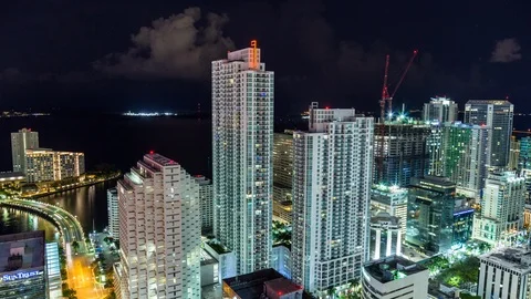 Aerial timelapse panoramic view of Miami Brickell with skyscrapers and ocean Video stock 100840339