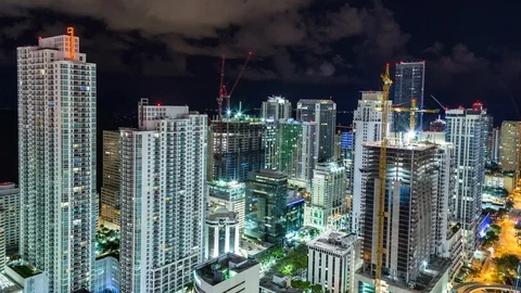 Aerial timelapse panoramic view of Miami Brickell with skyscrapers and ocean Stock Footage 100840356