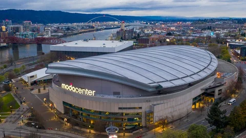 Aerial Timelapse Rises from Moda Center Stadium, Home of the Trail Stock Footage 128157543