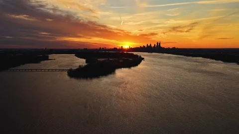 Aerial Timelapse of Sunset on the Delaware River Philadelphia Stock Footage 328337760