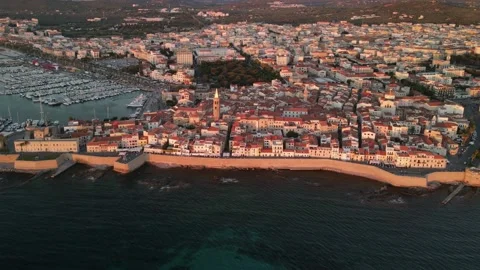 Aerial timelapse of sunset light over Alghero city center Stock Footage 138890760