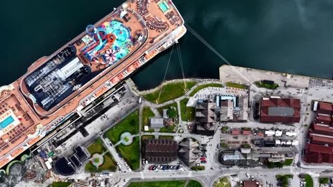 Aerial Timelapse Top Down Shot of Cruise Ship with Waterpark Docked at Flam Port Stock Footage 341537242