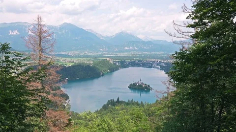 Aerial Timelapse. View of the Island Bled in the Julian Alps in Slovenia Stock Footage 80719357