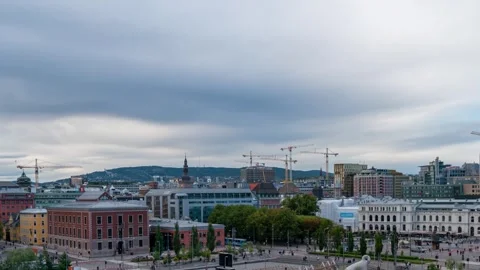 Aerial Timelapse View of Oslo's Skyline and Busy Traffic Flow Stock Footage 309564462