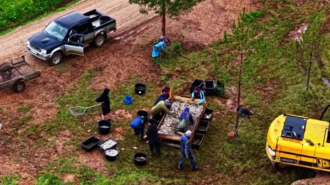 Aerial Timelapse of Workers Sorting Stones at Outdoor Site with Equipment and Stock Footage 336661222