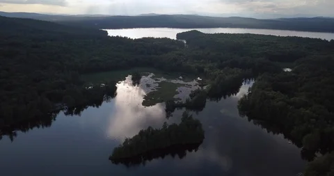 Aerial tiny forested island in a calm lake at sunset Stock Footage 111522380