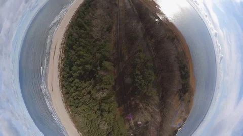 Aerial Tiny Planet View of Hel Peninsula with Sandy Beaches at Baltic Sea Video stock 126832929