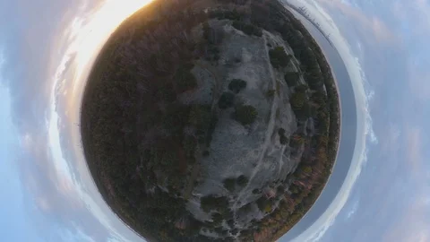 Aerial Tiny Planet View of Trees and Dunes at Baltic Sea Coast Video stock 126832293