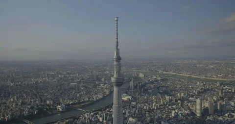 Aerial of Tokyo Skytree tower surrounded by city and river, Sumida, Tokyo Stock Footage 136101226