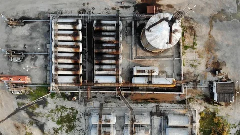 Aerial top down 4k view of a mini refinery oil processing Video stock 123934353