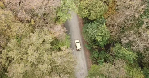 Aerial top down 4k view of white car driving on country road Stock Footage 141908426