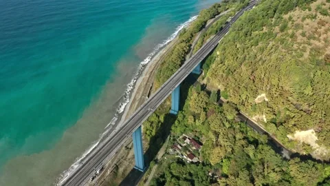Aerial top down 4k view car driving. Cinematic drone shot flying over road. Top 動画素材 143904913