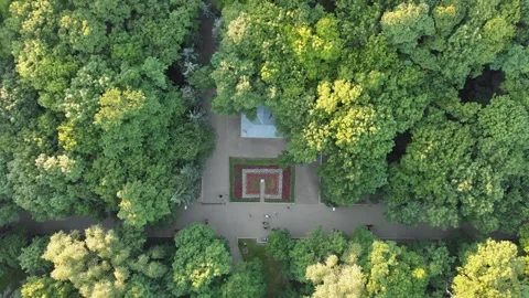 Aerial top down 4k view of Park where people walk at sunset Stock Footage 144697559