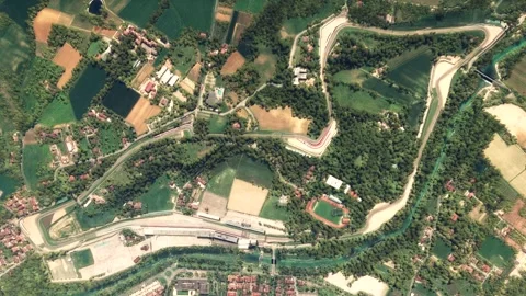 Aerial top down airplane view of the Imola Circuit 4k high resolution animation Stock Footage 302918038