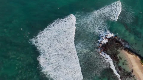 Aerial Top Down Ascent Revealing Entire Lazy Left Surf Break Stock Footage 345551108