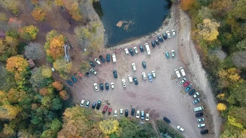 Aerial top down bird view on car parking country place Stock Footage 82044945