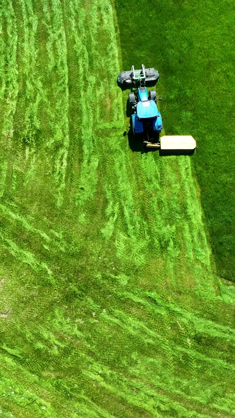 Aerial Top Down Of Blue Tractor Mowing Green Grass Field Video stock 336567342