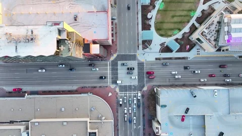 Aerial Top Down Busy Intersection Downtown Boise Idaho Traffic Cars Drone Stock Footage 335483311