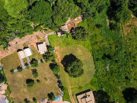 Aerial top down of camp grounds in Bom Jardim during summer in Nobres count.. Stock Photos