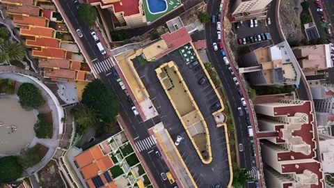 Aerial top down cinematic view of Tenerife coastal town Radazul, Canary Islands Stockbeeldmateriaal 326371233