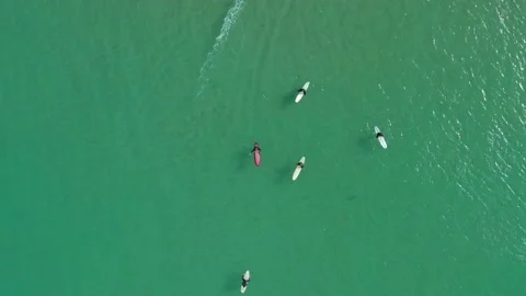 Aerial top down descent toward Australian longboard surfers Video stock 133348151