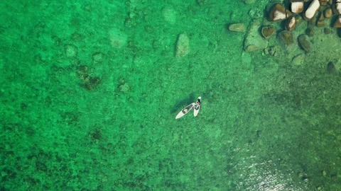 Aerial top down directly above drone video of couple on vacation stand up paddle Stock Footage 240705938