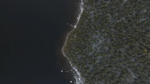 Aerial Top Down Drone Flight Over Snowy Lakeside During Sunset Stock Footage 224269996