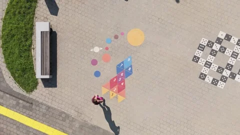 Aerial top down drone flying above outdoor and public playground. Video stock 316851203