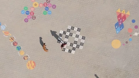 Aerial top down drone flying above outdoor and public playground. Video stock 316851367