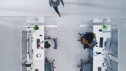 Aerial Top Down Drone Shot of Busy Corporate Office with Two Rows off People Stock Footage 106540484