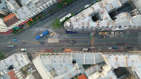 Aerial, top down, drone shot, over traffic on a french street, surrounded Stock Footage 111149786