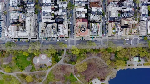 Aerial, top down, drone shot above a street at the central park, empty due Vídeo Stock 129297050