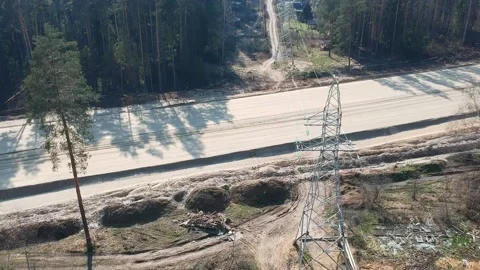 Aerial Top Down Drone Shot. Highway construction. Deforestation for a new Stock Footage 134323988
