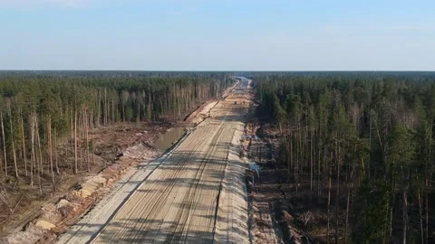 Aerial Top Down Drone Shot. Highway construction. Deforestation for a new Stock Footage 134324315