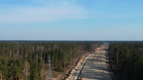 Aerial Top Down Drone Shot. Highway construction. Deforestation for a new Stock Footage 134326055