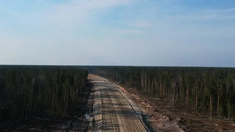 Aerial Top Down Drone Shot. Highway construction. Deforestation for a new Stock Footage 134326437