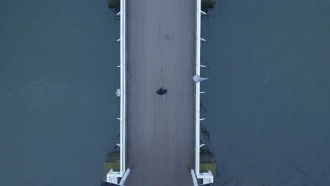 Aerial top down drone shot of person walking along boardwalk over water Stock Footage 146295590