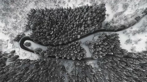 Aerial top down drone shot above the winding mountain road between the snowy Video stock 147439320