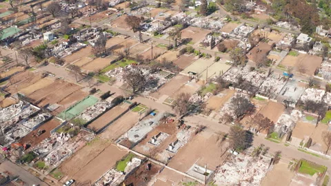 Aerial top down drone shot of Pacific Palisades Los Angeles fire recovery  Stock Footage 308181766