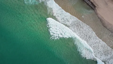 Aerial Top-Down Drone Shot Transitioning from Ocean to Beach to Greenery – 4K Stock Footage 314427381