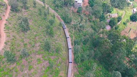 Aerial Top Down Drone Shot of Train Moving Through Green Mountain Forest Stock Footage 321613654