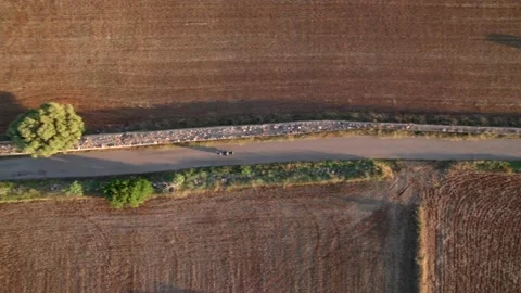 Aerial top down drone video, a person drives motorbike across straw fields in Video stock 157299170