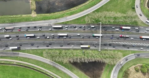 Aerial top down drone video on heavy traffic jam, transportation and Stock Footage 273568888
