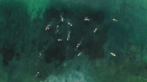 Aerial top down drone view at surfers on the wave, Bali, Indonesia, 4k Stock Footage 122155718